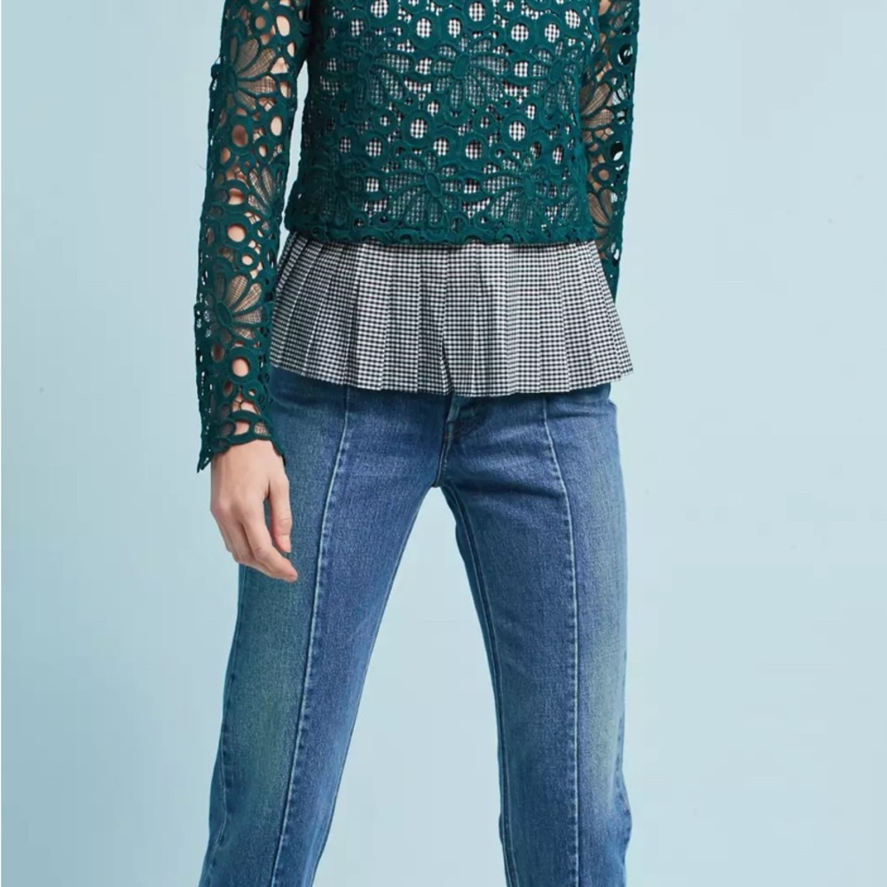 Maeve Green Lace Top with Plaid Peplum